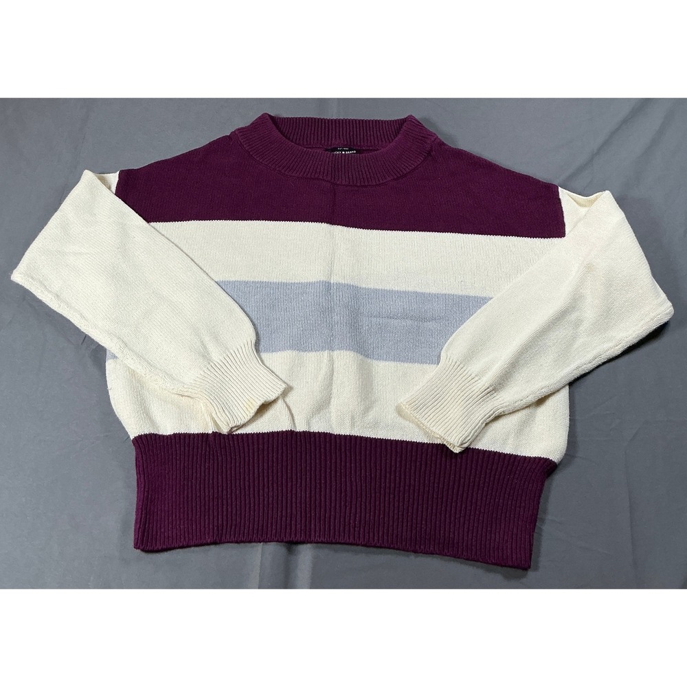 Lucky Brand Womens Colorblock Striped Knit Sweater Burgundy Cream Blue Medium